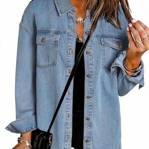 Light Wash Denim Button-Up Shirt Jacket (Shacket)